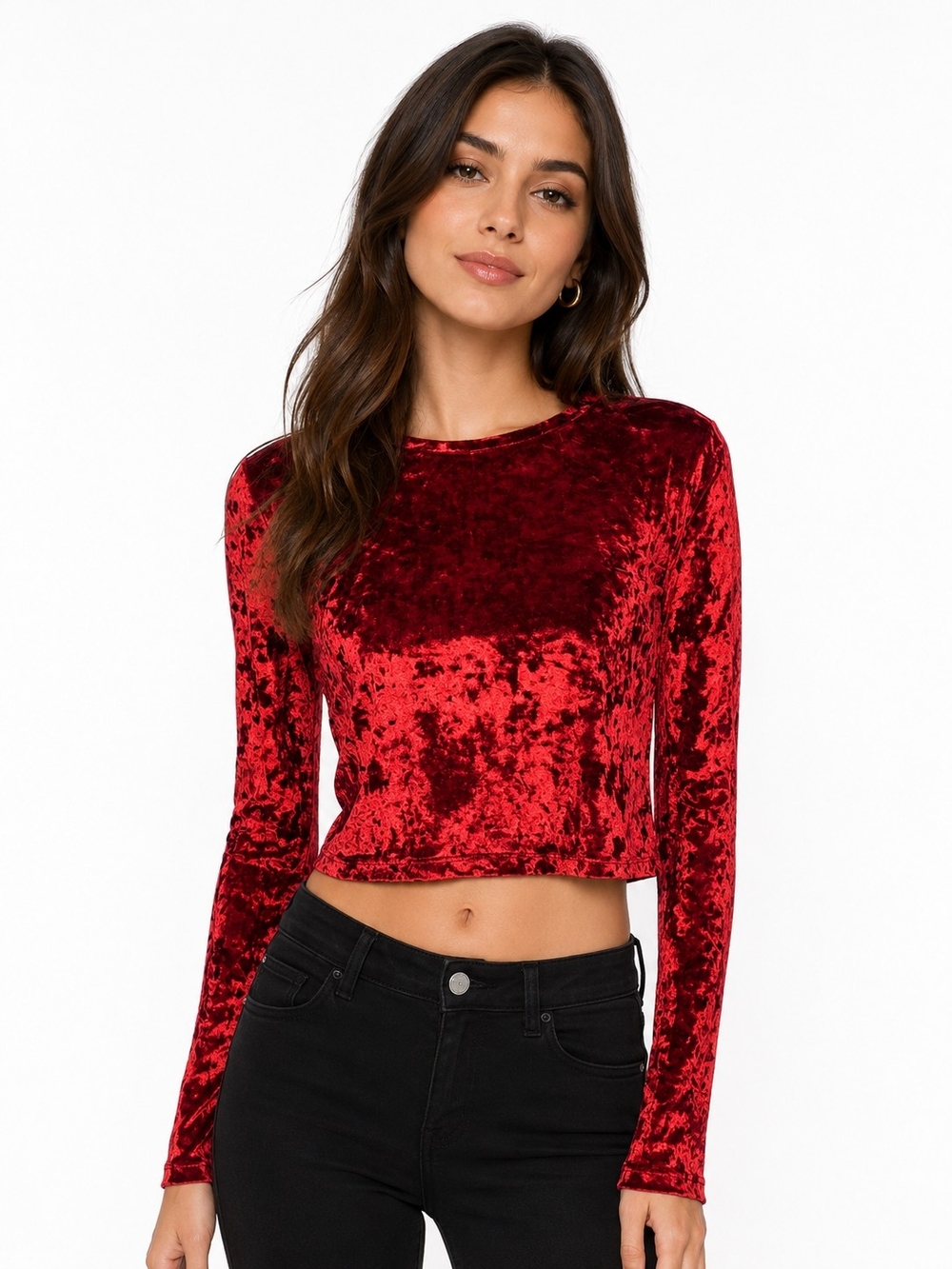 Forever 21 Red Crushed Velvet Long Sleeve Crop Top
